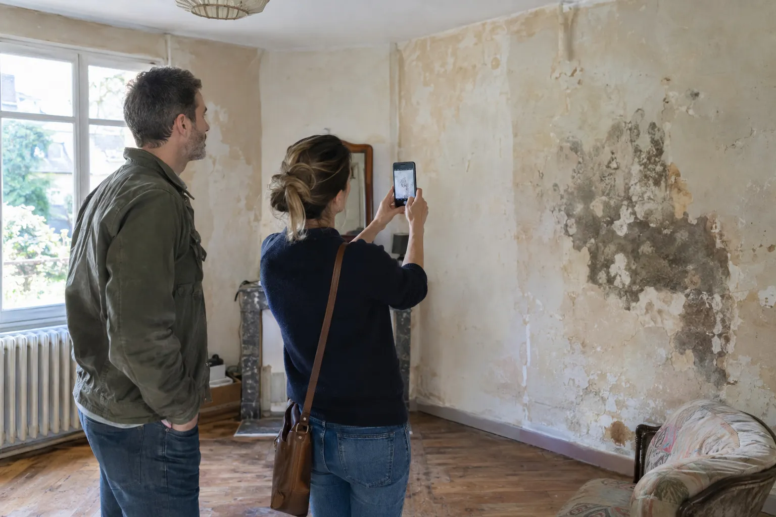 Un couple photographie ses pièces à rénover avec un téléphone pour demander un devis