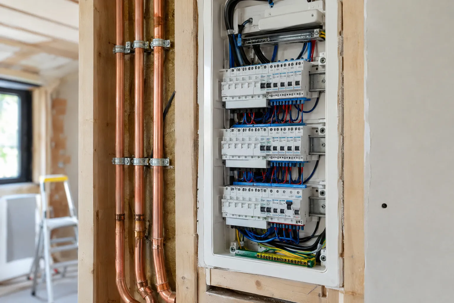 Électricité et plomberie reprises proprement avant la fermeture des murs