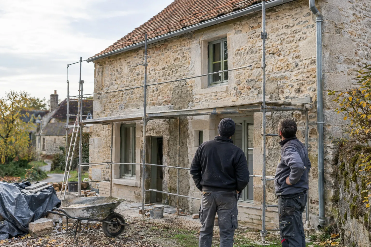 Chantier de rénovation d’une maison du Boischaut, pièce de vie en cours de finition