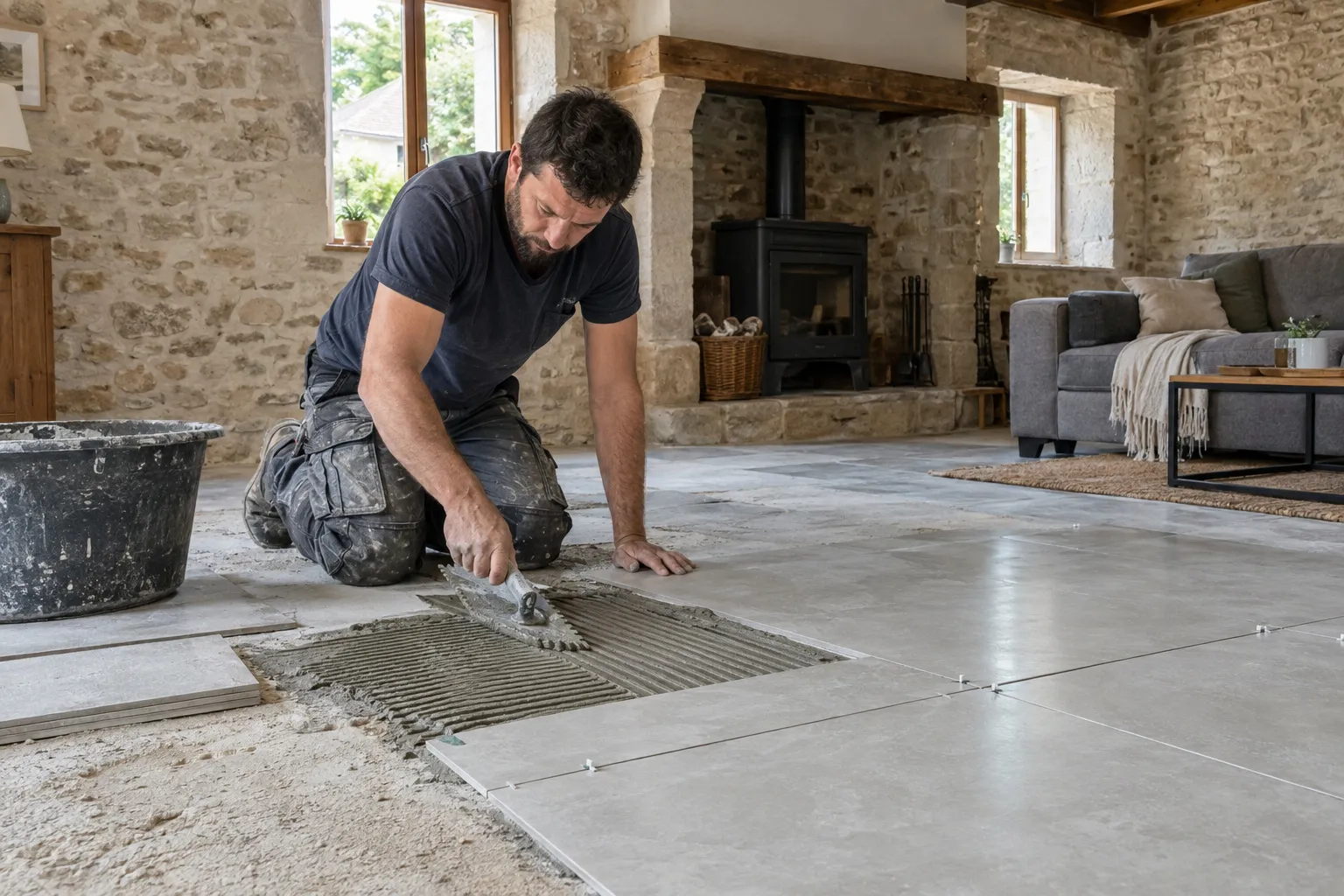 Carreleur posant des grands carreaux gris clair sur le sol d’un séjour, croisillons et colle fraîche visibles