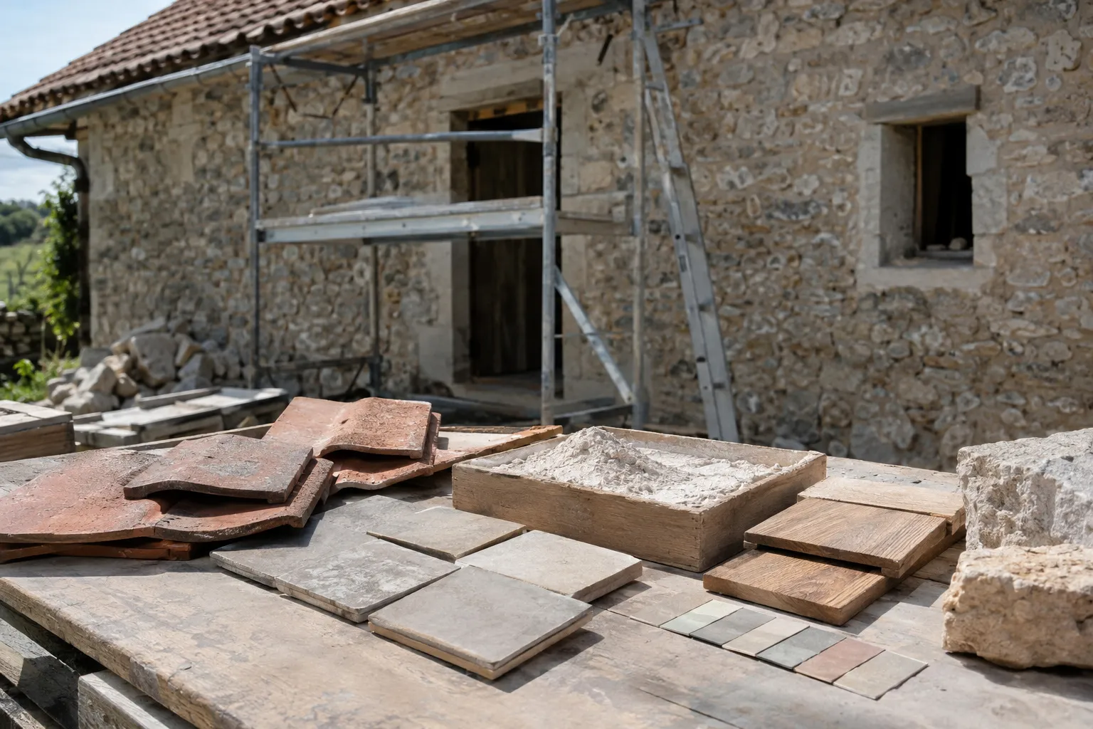 Tuiles plates et dalles de terre cuite entreposées devant une maison en pierre en rénovation