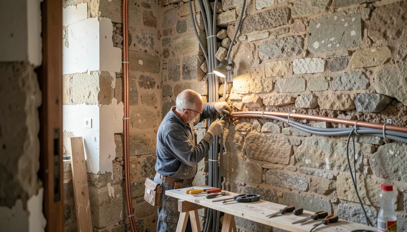 Électricien tirant des gaines dans un mur de pierre mis à nu, tuyau de cuivre le long du mur