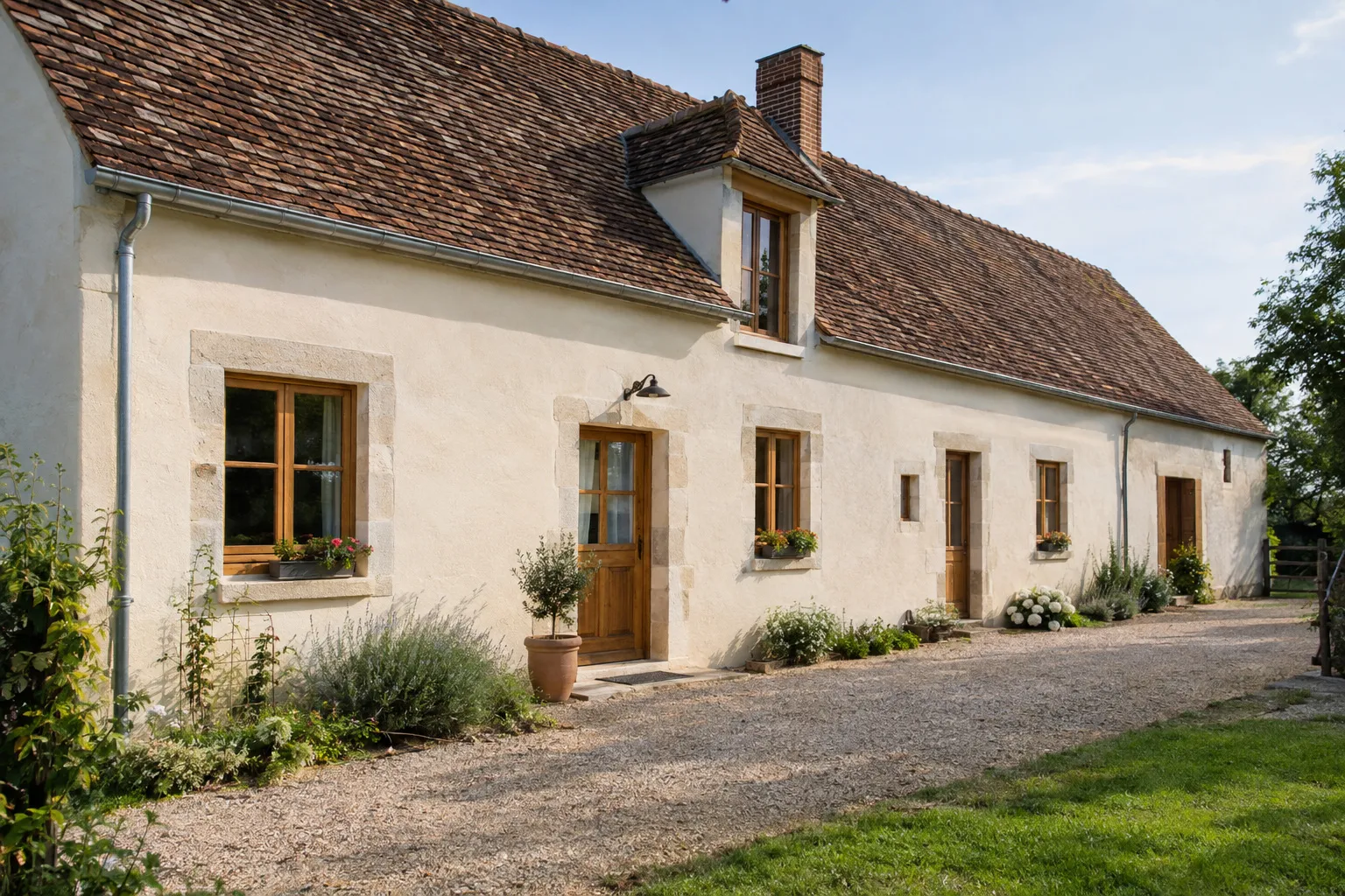 Façade de longère berrichonne ravalée à la chaux, fenêtres en bois