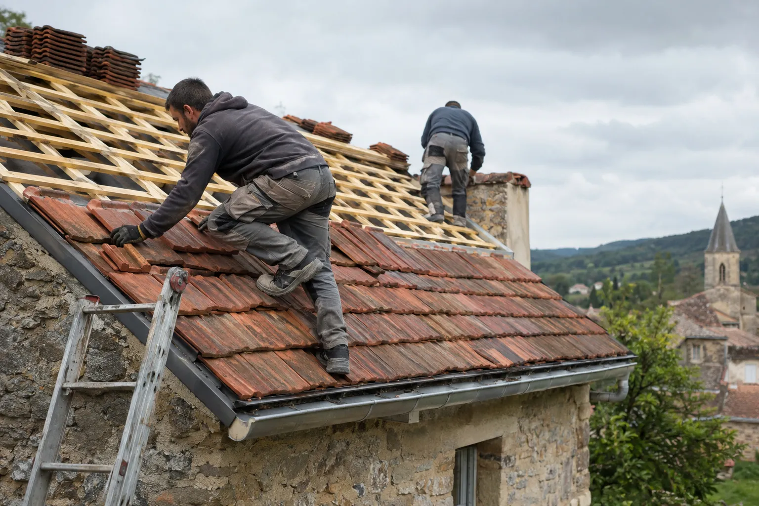 Deux couvreurs refont une toiture de tuiles plates sur une maison de bourg