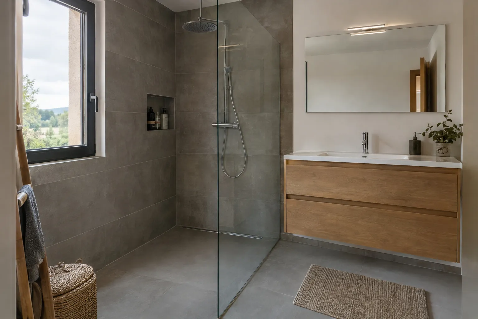 Salle de bain avec douche à l’italienne, carrelage gris et meuble vasque en bois