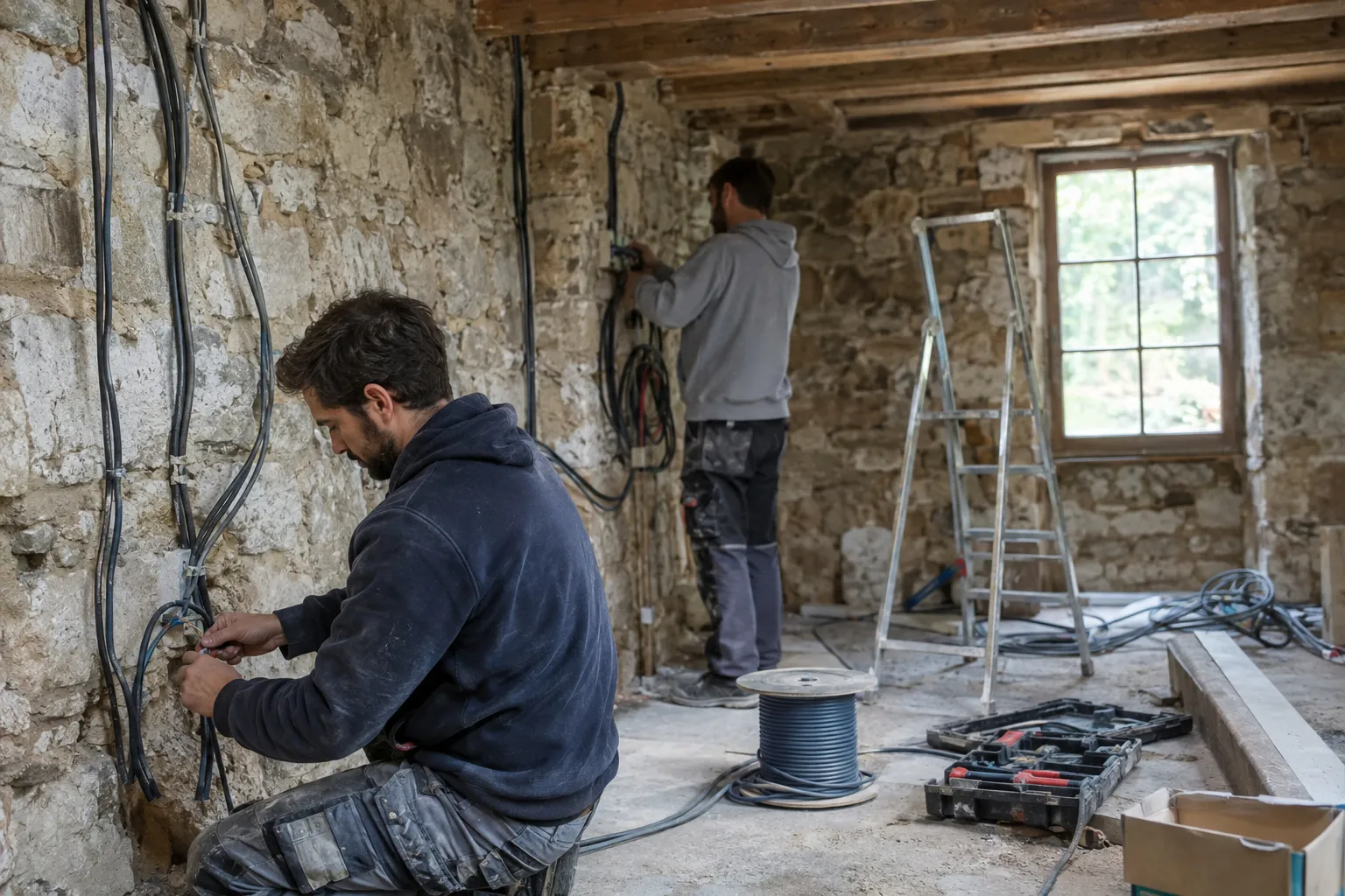 Chantier dans une maison ancienne, mur de pierre mis à nu et gaines électriques