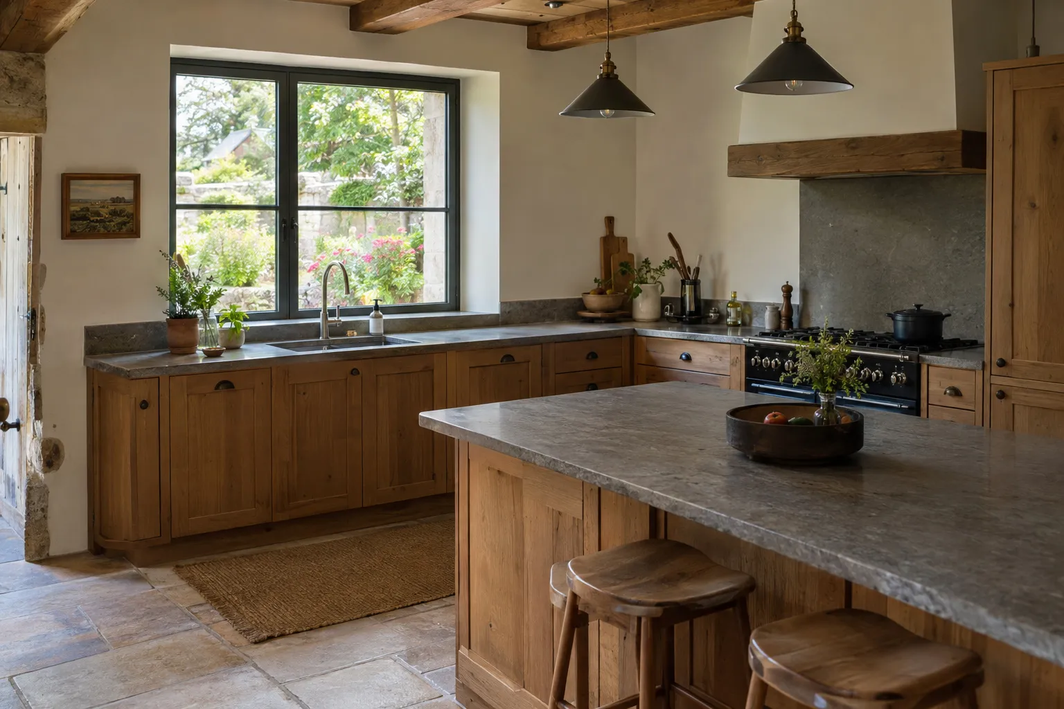 Cuisine de maison de campagne avec façades en bois et plan de travail en pierre