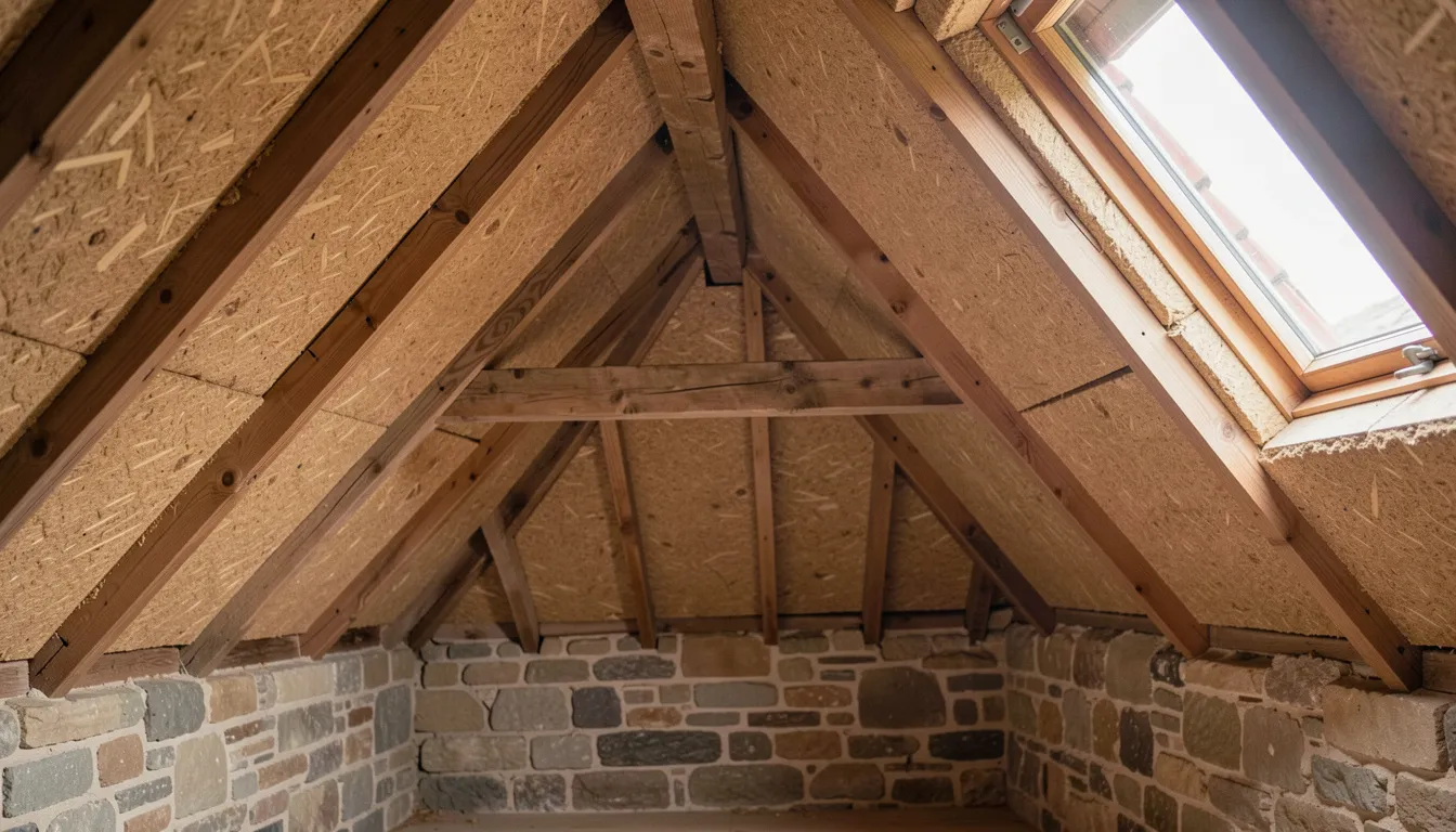 Combles isolés en laine de bois entre les chevrons d’une maison en pierre