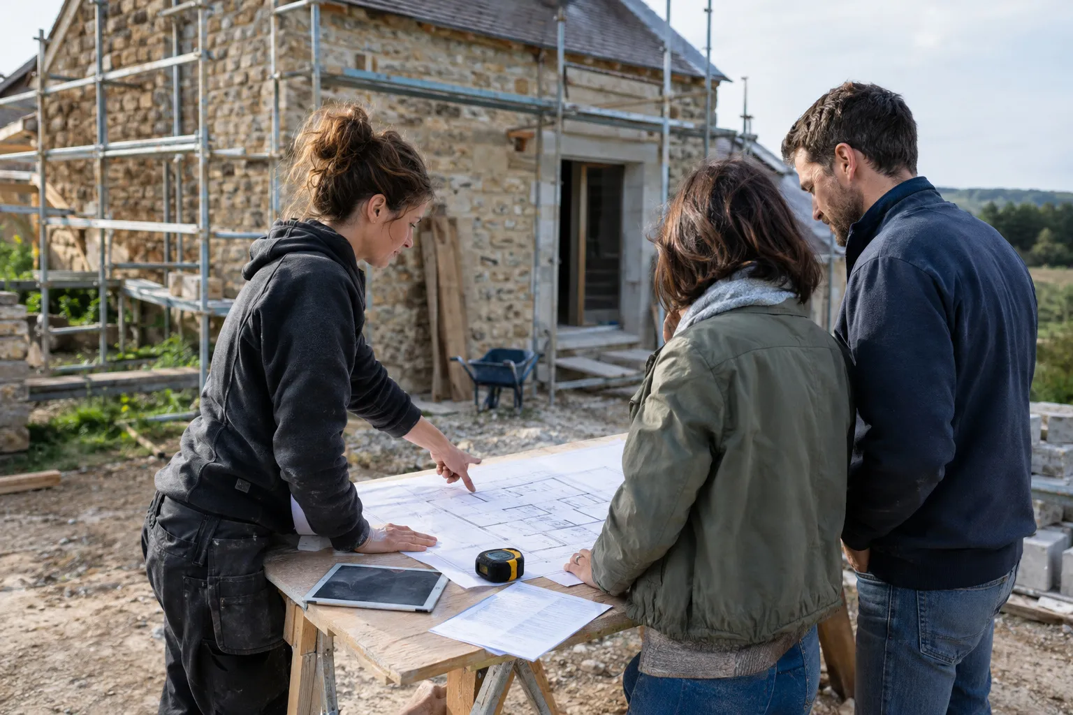 Plans, mètre et carnet de notes pour chiffrer une rénovation