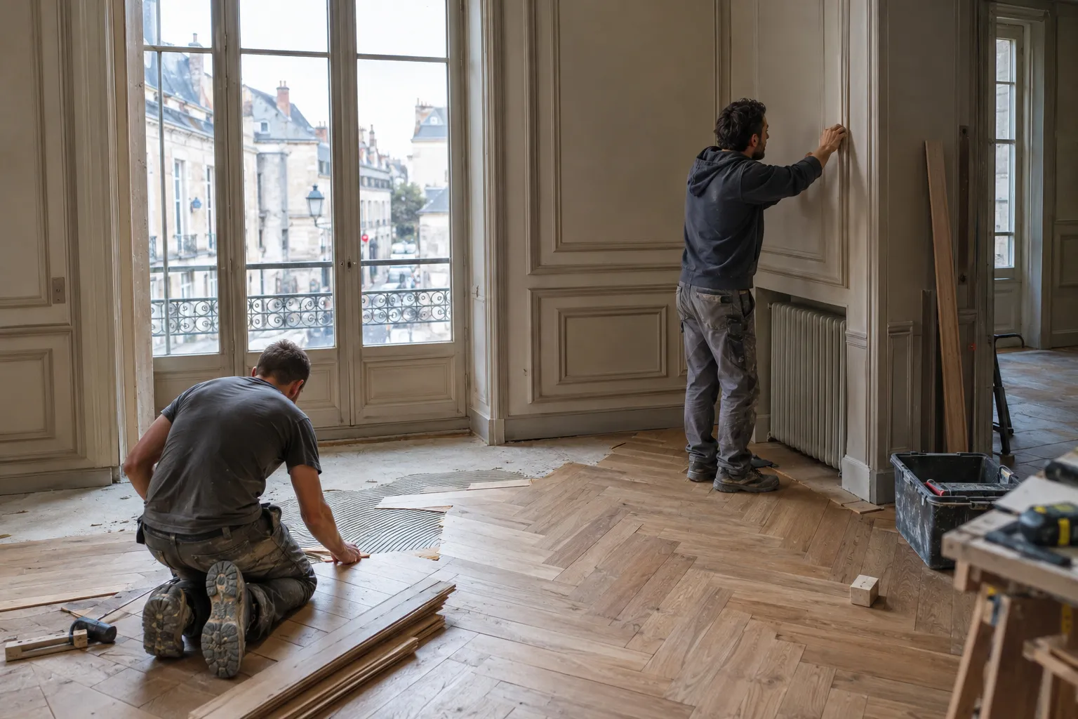 Appartement rénové, séjour lumineux aux murs repeints