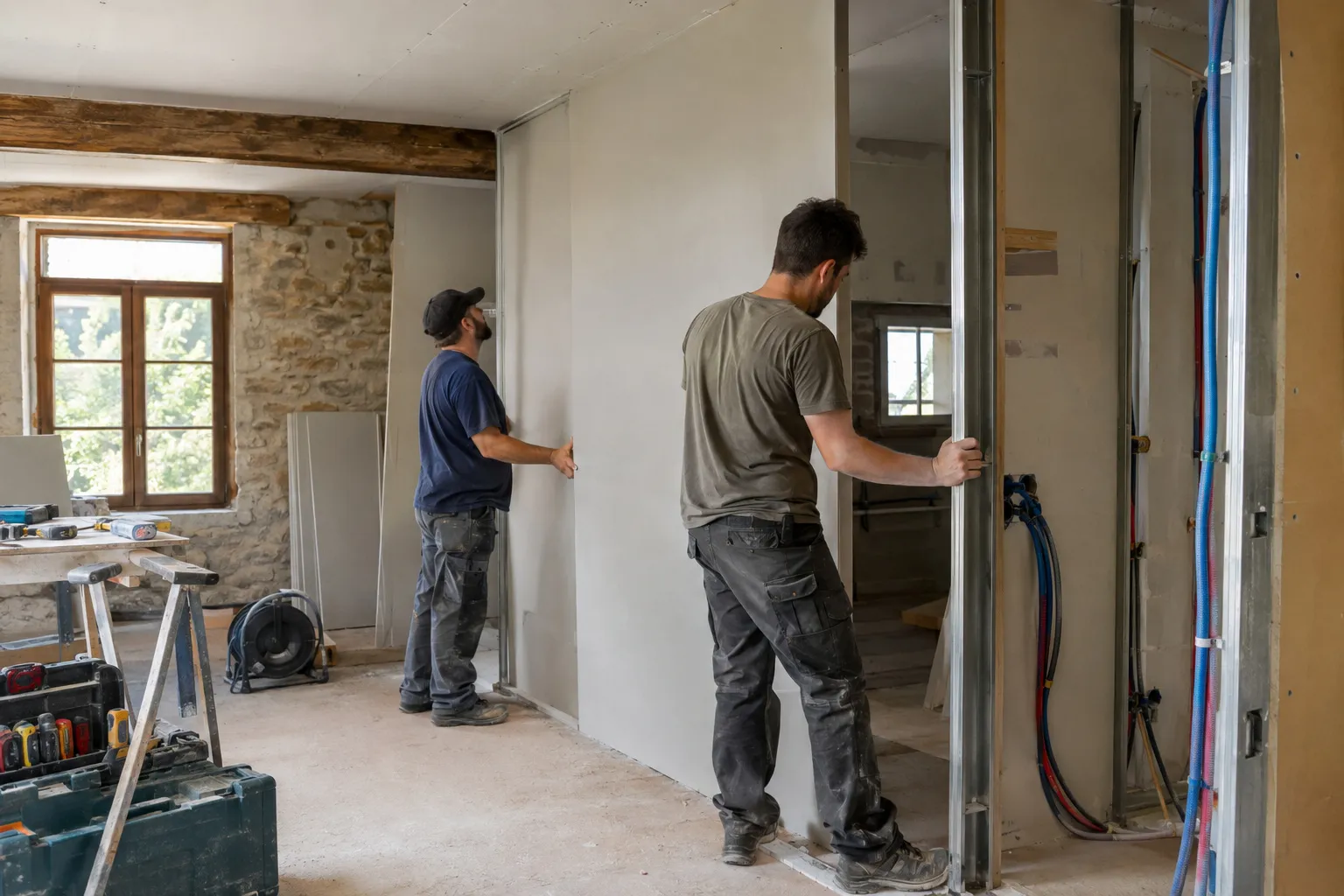Maison en cours de rénovation complète, murs refaits et sols neufs