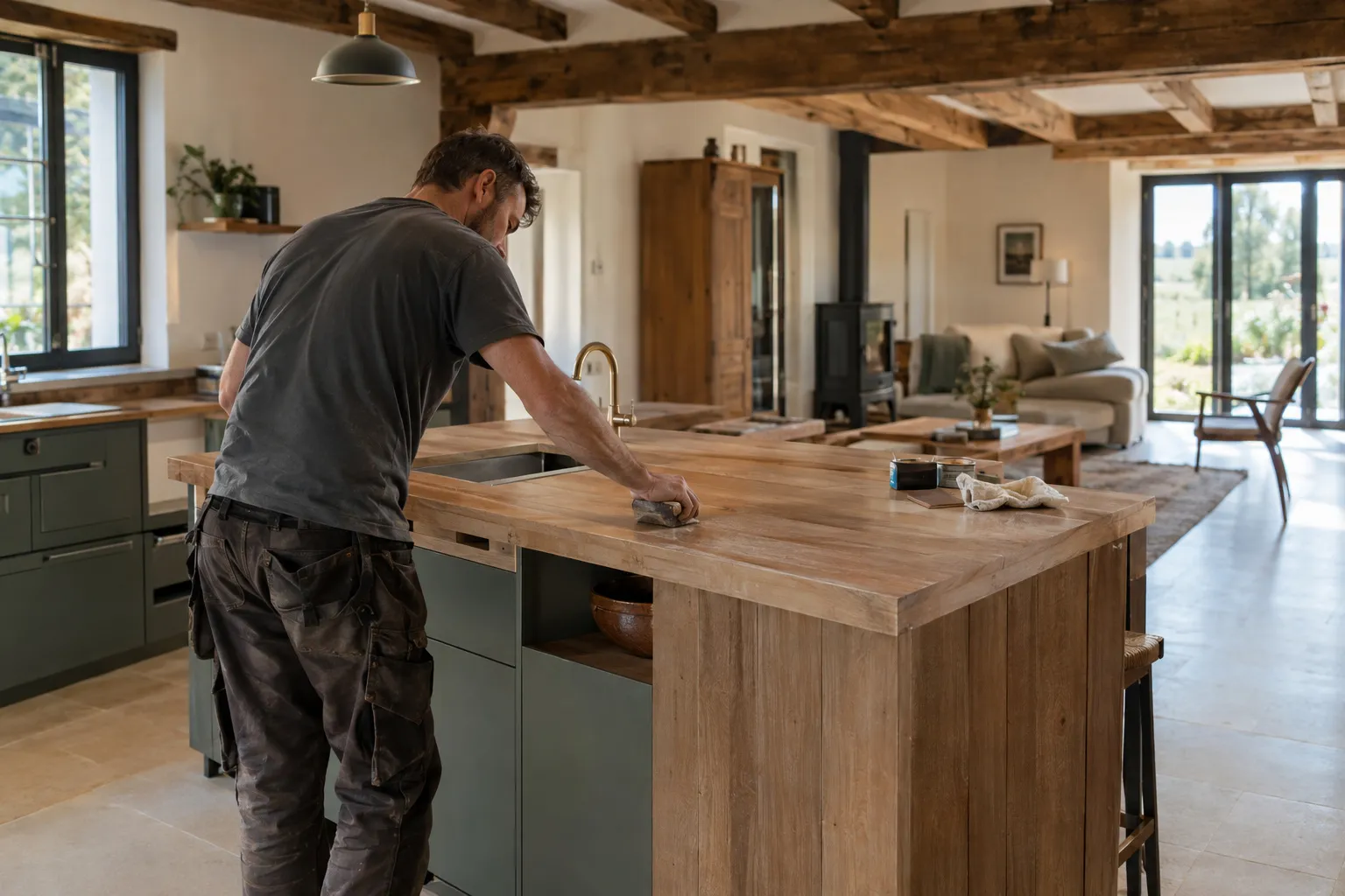 Cuisine ouverte sur la pièce de vie après rénovation