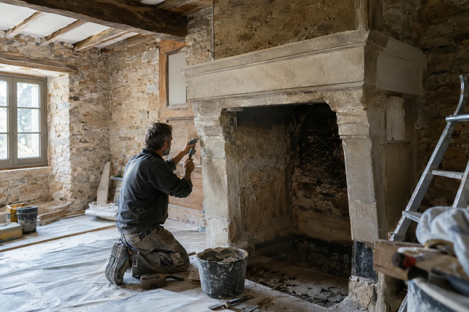 Murs en pierre d’une maison ancienne de Dun-sur-Auron remis en état
