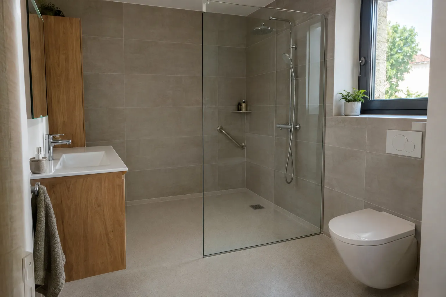 Salle de bain rénovée clé en main avec douche de plain-pied et faïence